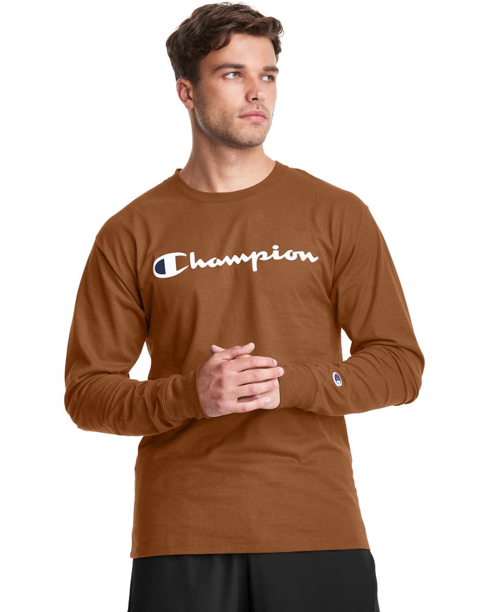 Camiseta Champion Hombre - Classic Long-Sleeve Script Logo ( Marrones ) 5681942-ZV